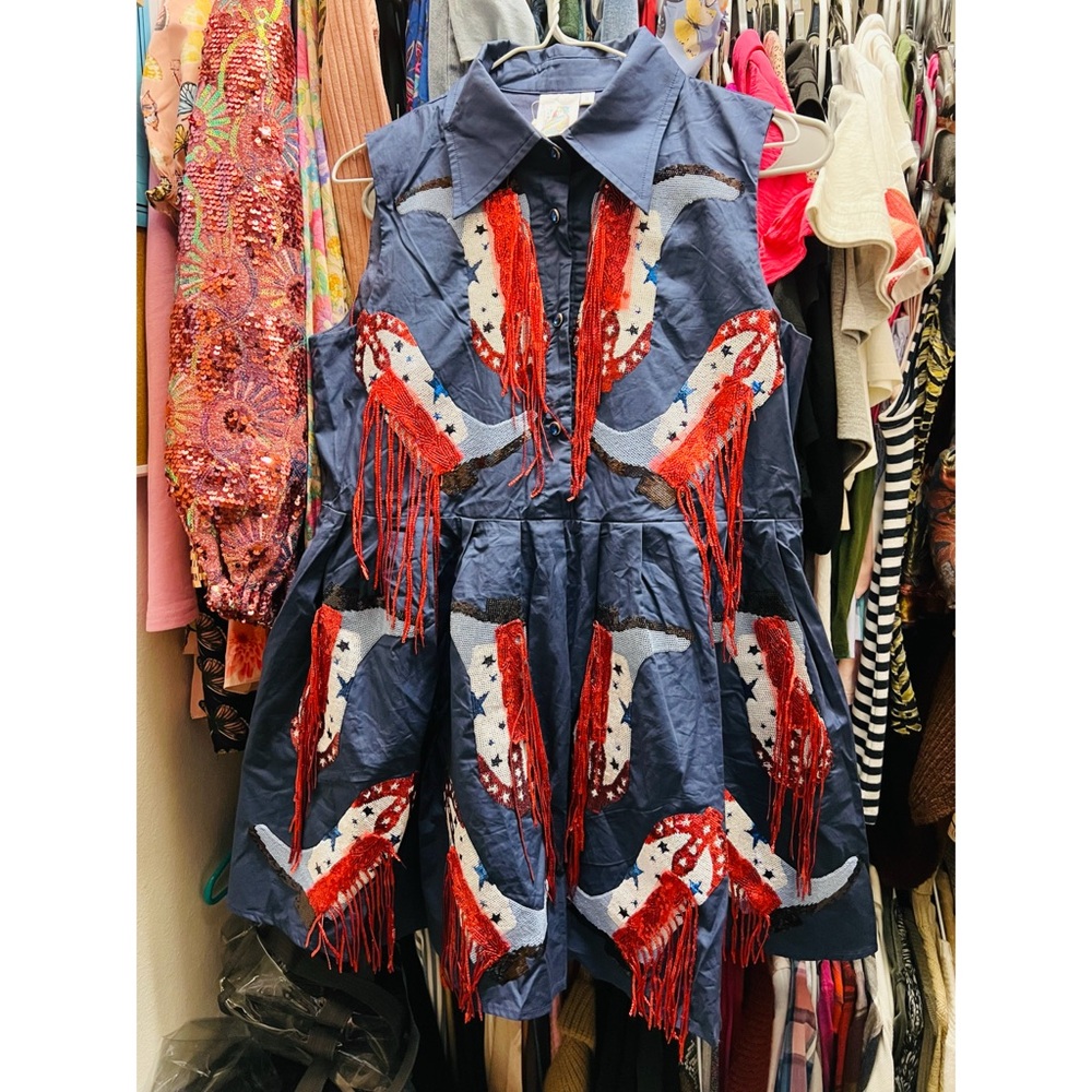 QUEEN OF SPARKLES Navy Blue Western Fringe Mini Dress with Red & White Accents - Picture 2 of 6